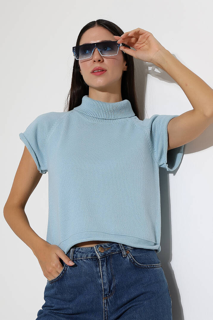 Balıkçı Yaka Kısa Kollu Triko Kazak Kadın Slim Fit Yumuşak Dokulu Şık Günlük Kazak - 5