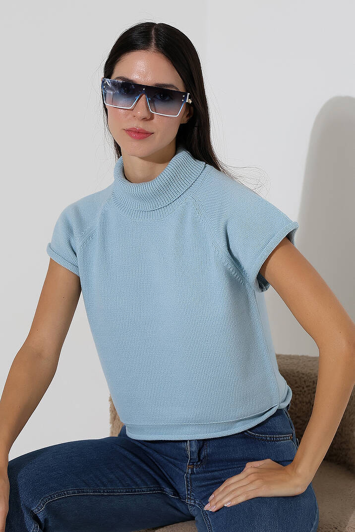 Balıkçı Yaka Kısa Kollu Triko Kazak Kadın Slim Fit Yumuşak Dokulu Şık Günlük Kazak - 7