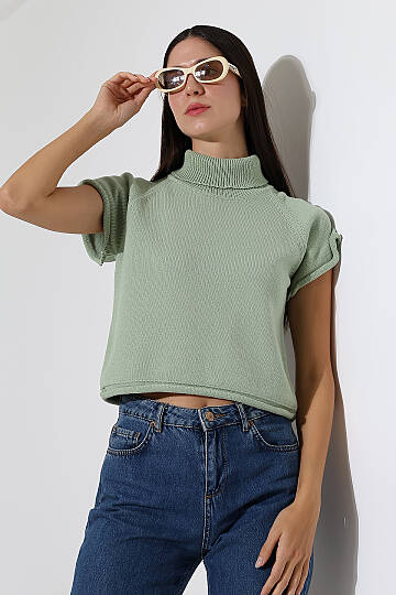 Balıkçı Yaka Kısa Kollu Triko Kazak Kadın Slim Fit Yumuşak Dokulu Şık Günlük Kazak - 12