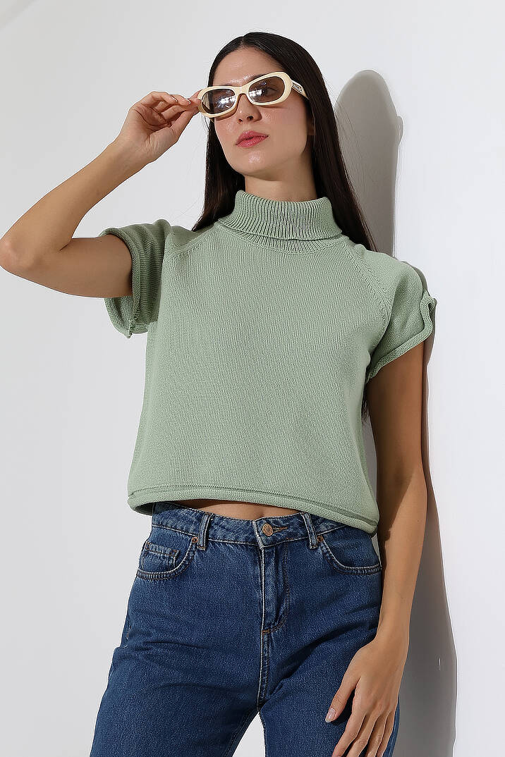 Balıkçı Yaka Kısa Kollu Triko Kazak Kadın Slim Fit Yumuşak Dokulu Şık Günlük Kazak - 12