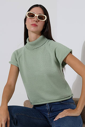 Balıkçı Yaka Kısa Kollu Triko Kazak Kadın Slim Fit Yumuşak Dokulu Şık Günlük Kazak - 14