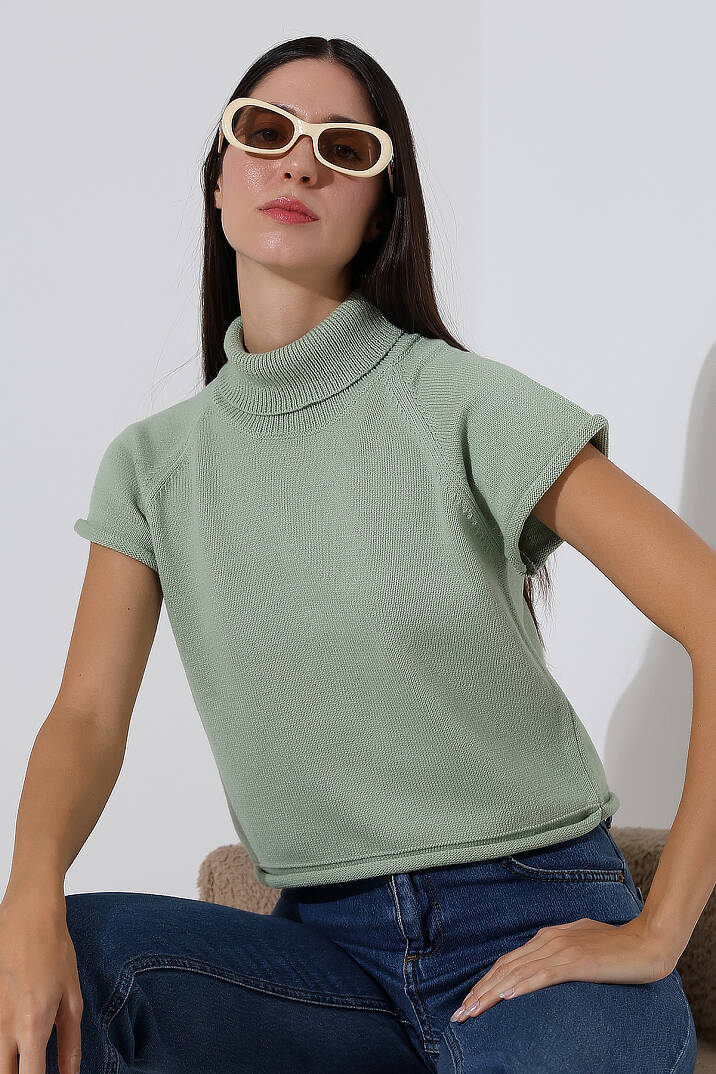 Balıkçı Yaka Kısa Kollu Triko Kazak Kadın Slim Fit Yumuşak Dokulu Şık Günlük Kazak - 14