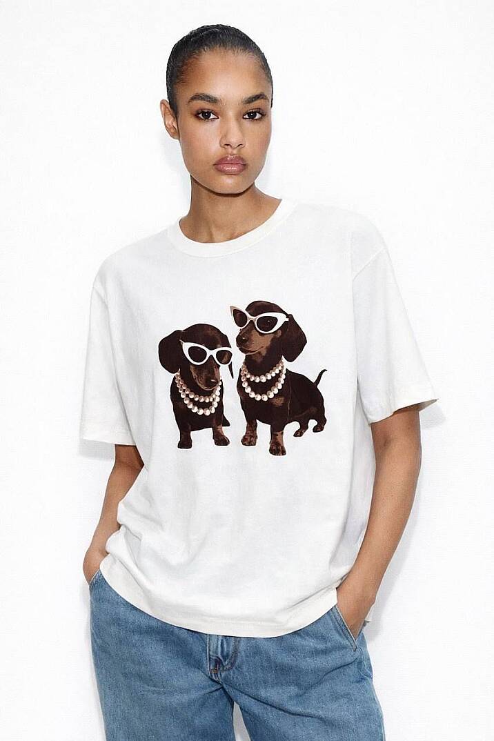 Köpek Baskılı Oversize Kadın T-Shirt Pamuklu - 1