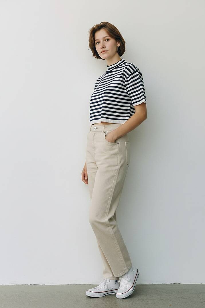 Oversize Çizgili Triko Crop - 2