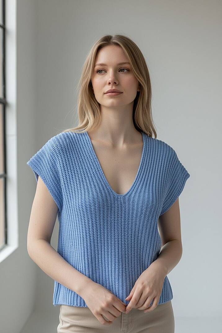 Oversize V Yaka Triko Bluz %100 Pamuk - 6
